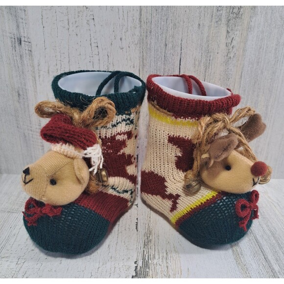 2 Knitted Christmas Boots Candy Cane Holders Stockings Plastic Inserts Deer Bear - Picture 4 of 10